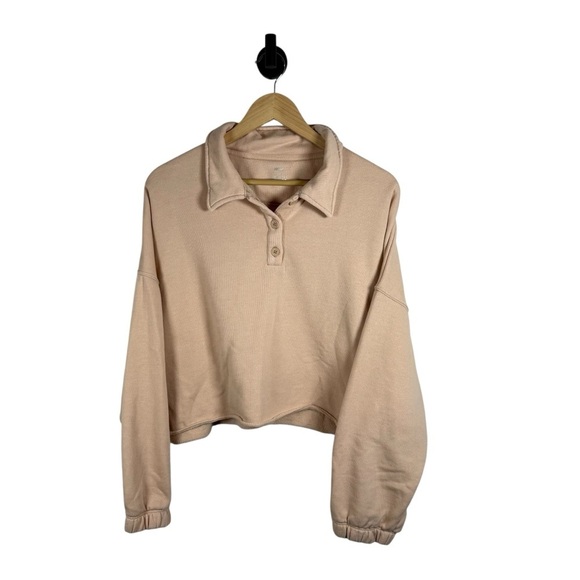 Aerie Women’s Fleece of Mind Cropped Polo Sweatshirt in Natural Nude Size L - Picture 4 of 11